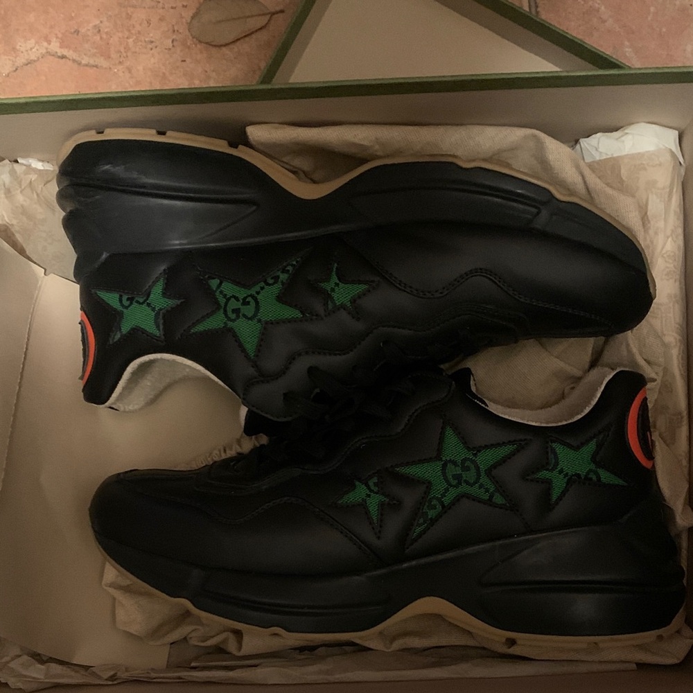 Gucci Black Leather Sneakers with Green Star Embroidery